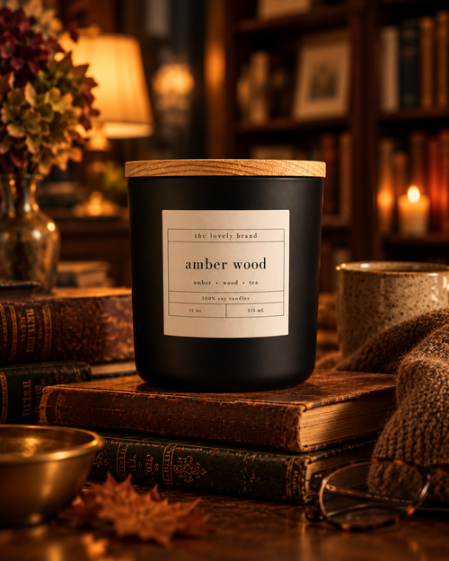 amber wood 12 oz soy candle by the lovely brand