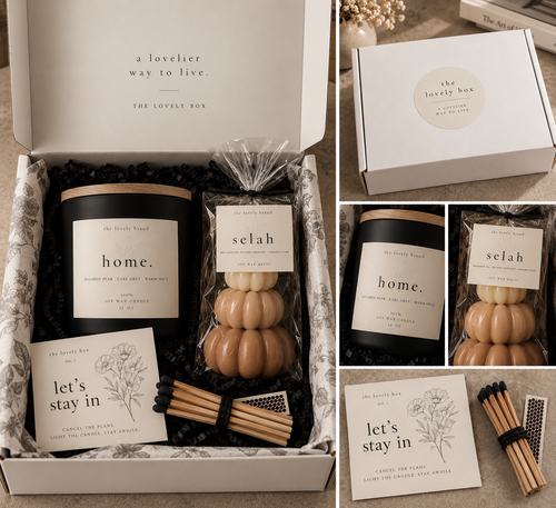 The Lovely Box with a 12 oz candle, wax melts, matches and printed insert